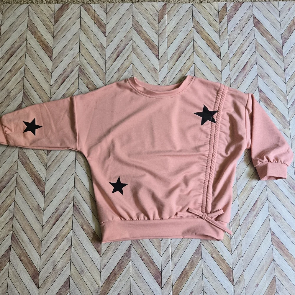 Kids' Bowknot Ruched Pink Sweater Girl's Crewneck Pullover Star Sweatshirt 3-4Y